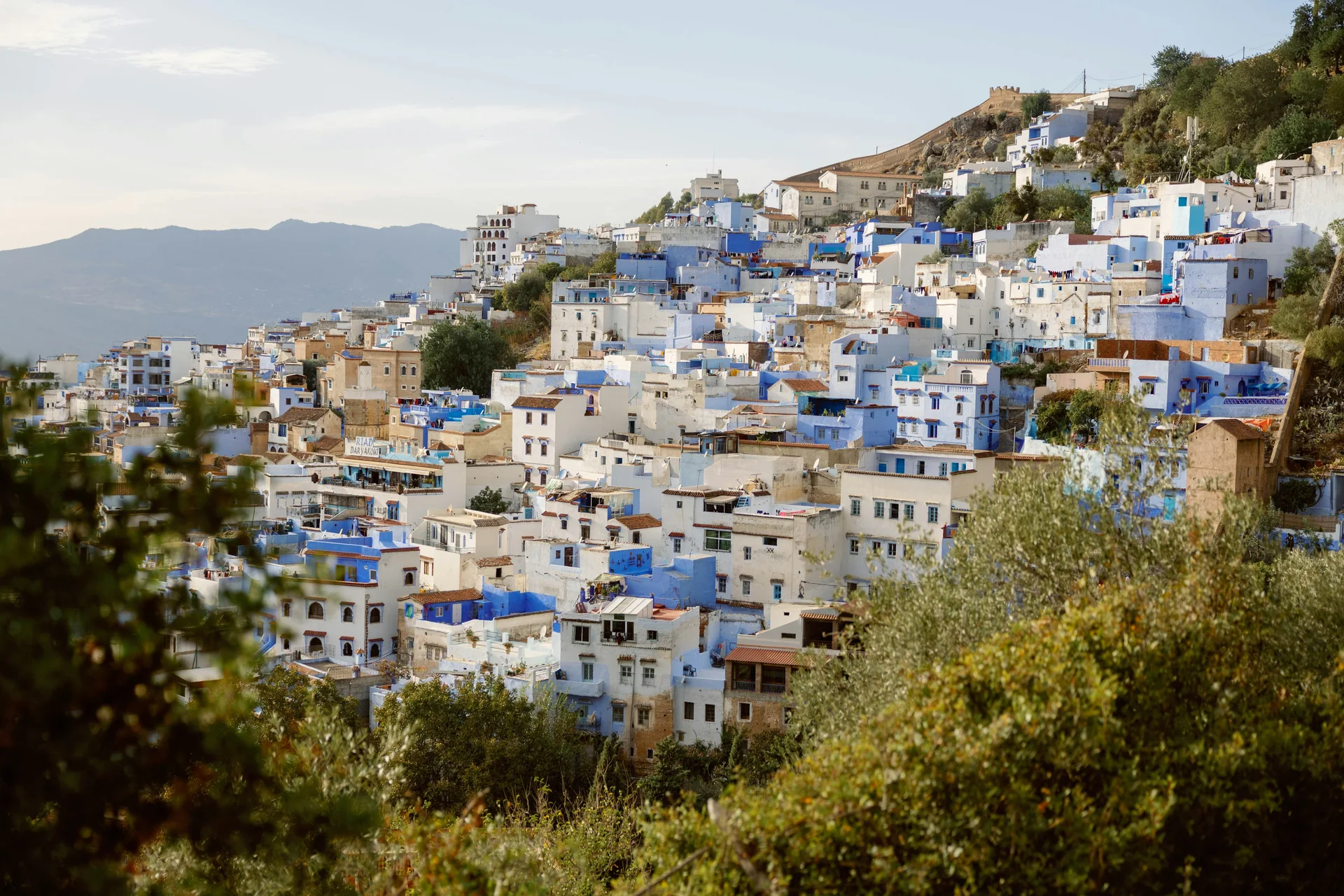 The blue-washed medina of Chefchaouen climbing a hillside in Morocco's Rif Mountains, with the old kasbah walls visible above the rooftops